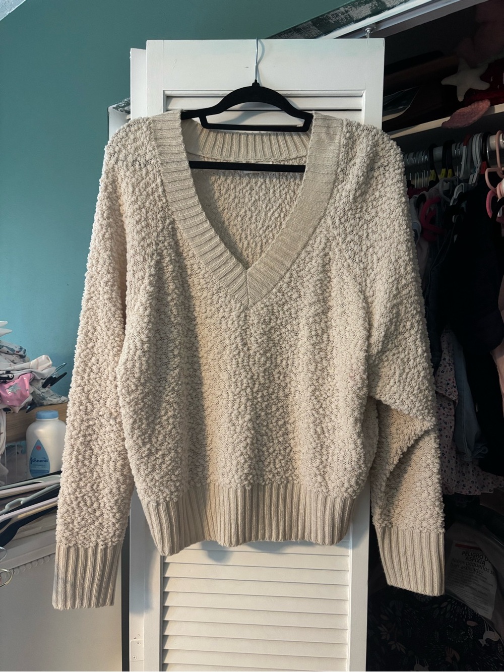Cream V-Neck Textured Women's Sweater
